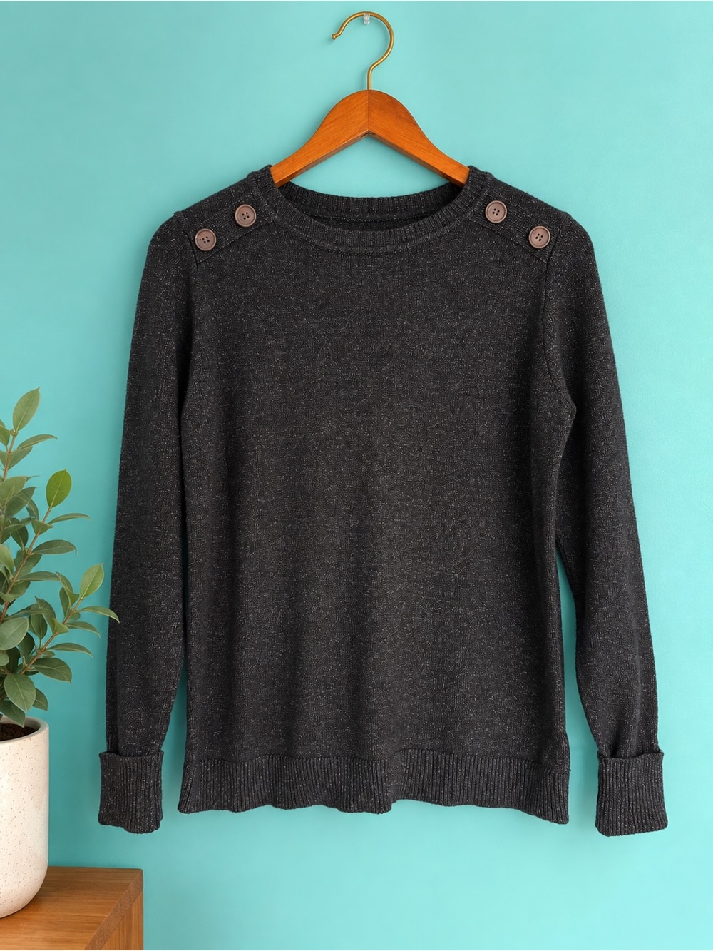 Pink Clover Button-Shoulder Crewneck Sweater - Charcoal